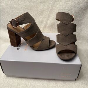 Lauren Conrad Women’s Sz 6.5 Taupe Suede Block Heel Cutout Sandals!!BRAND NEW!!